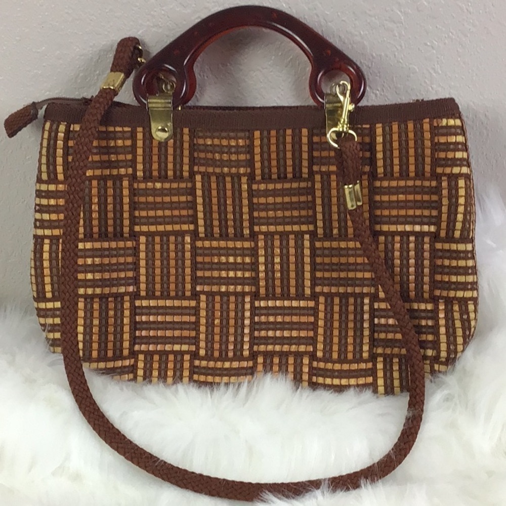 Vintage Brown Woven Crossbody Bag with Tortoiseshell Handle